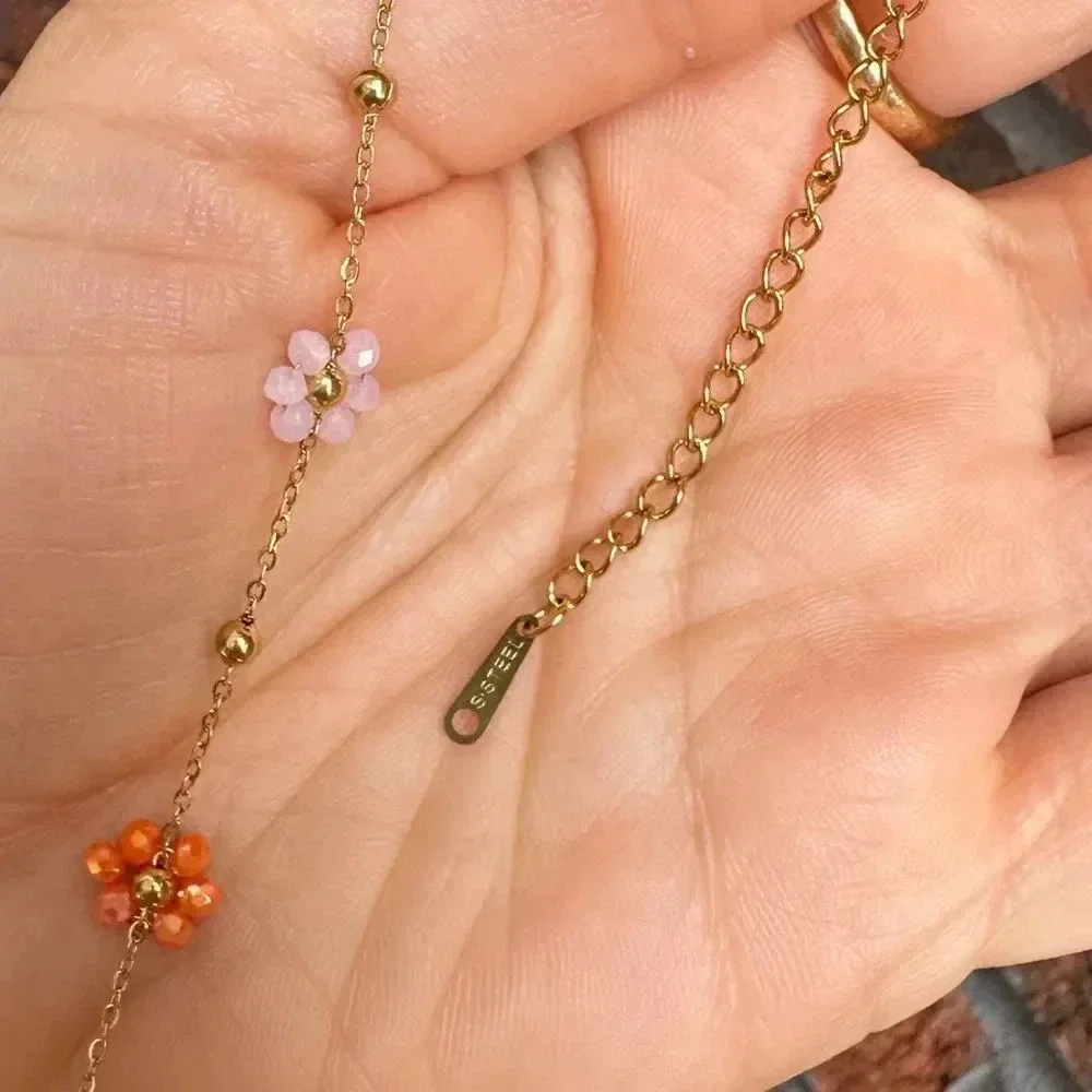 Flower Stainless Steel 18K Gold Waterproof Bead Flower Necklace Bracelet Set